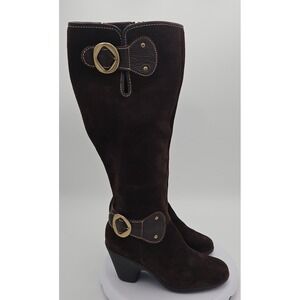 Aerosoles Brown Suede Y2K Wide Calf Buckle Wedge Tall Knee High Boots Sz W/8 EUC